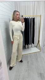 Textured Wide Leg Trousers - BEIGE