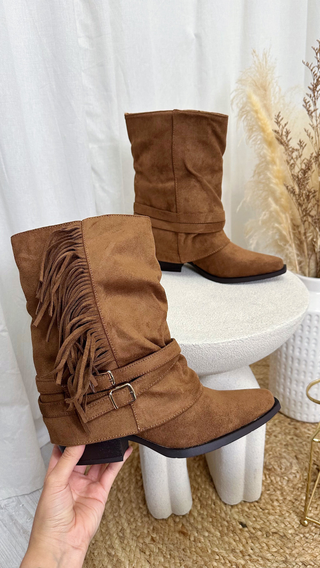 Tassel Trim Suede Cowboy Boots - TAN