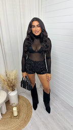*BRA NOT INCLUDED* 2 Piece Sequin Mesh Bodysuit, Bralette and Shorts Co-Ord - BLACK