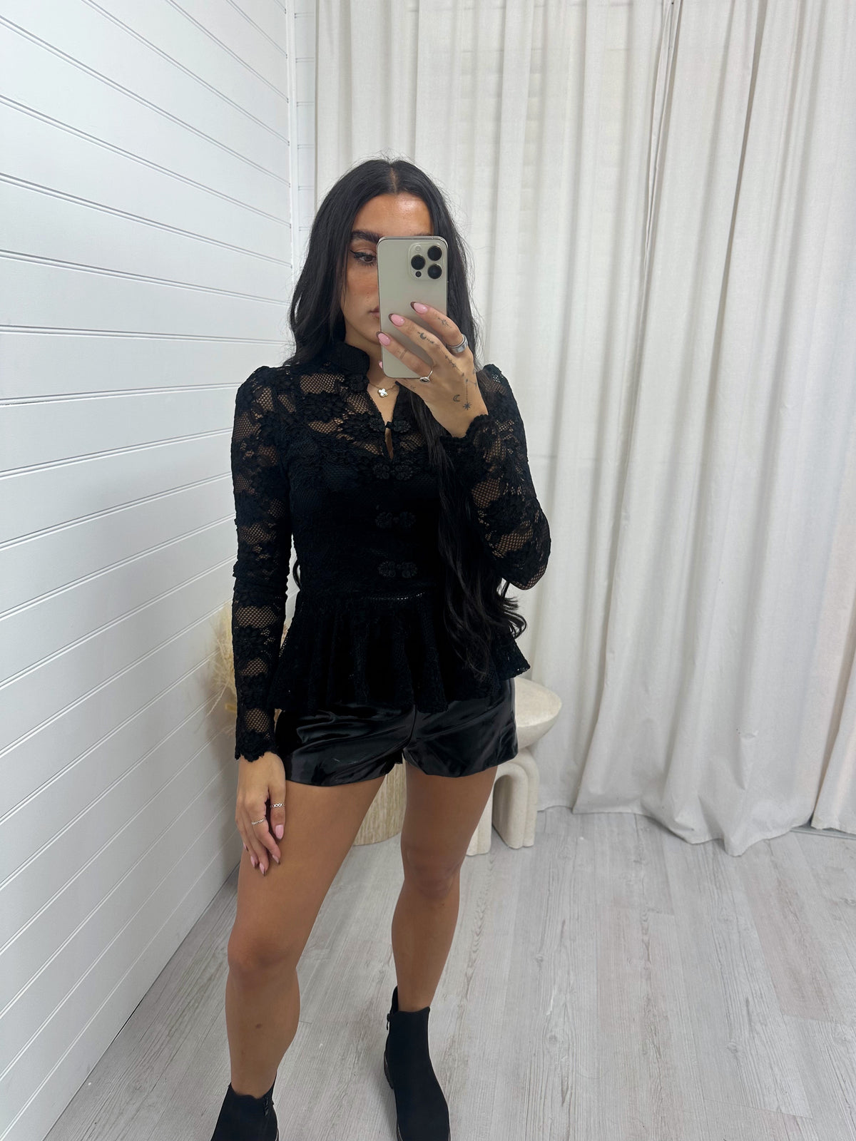 Manderin Neck Long Sleeve Lace Top - BLACK
