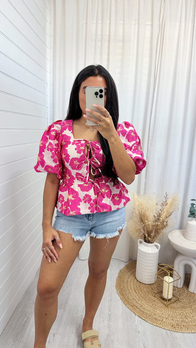 Peplum Tie Front Floral Jacquard Top - HOT PINK