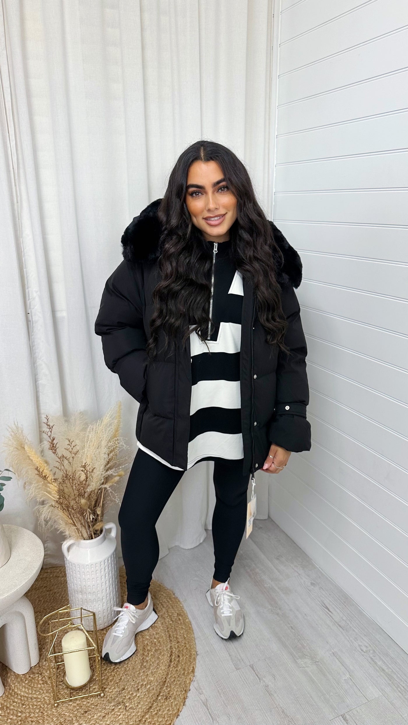 Faux Fur Hooded Puffer Coat - BLACK