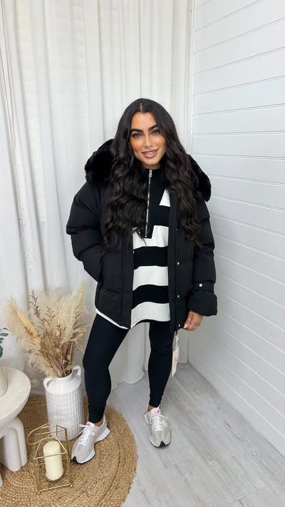 Faux Fur Hooded Puffer Coat - BLACK