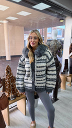 Faux Fur Collar Aztec Print Cardigan - CHARCOAL