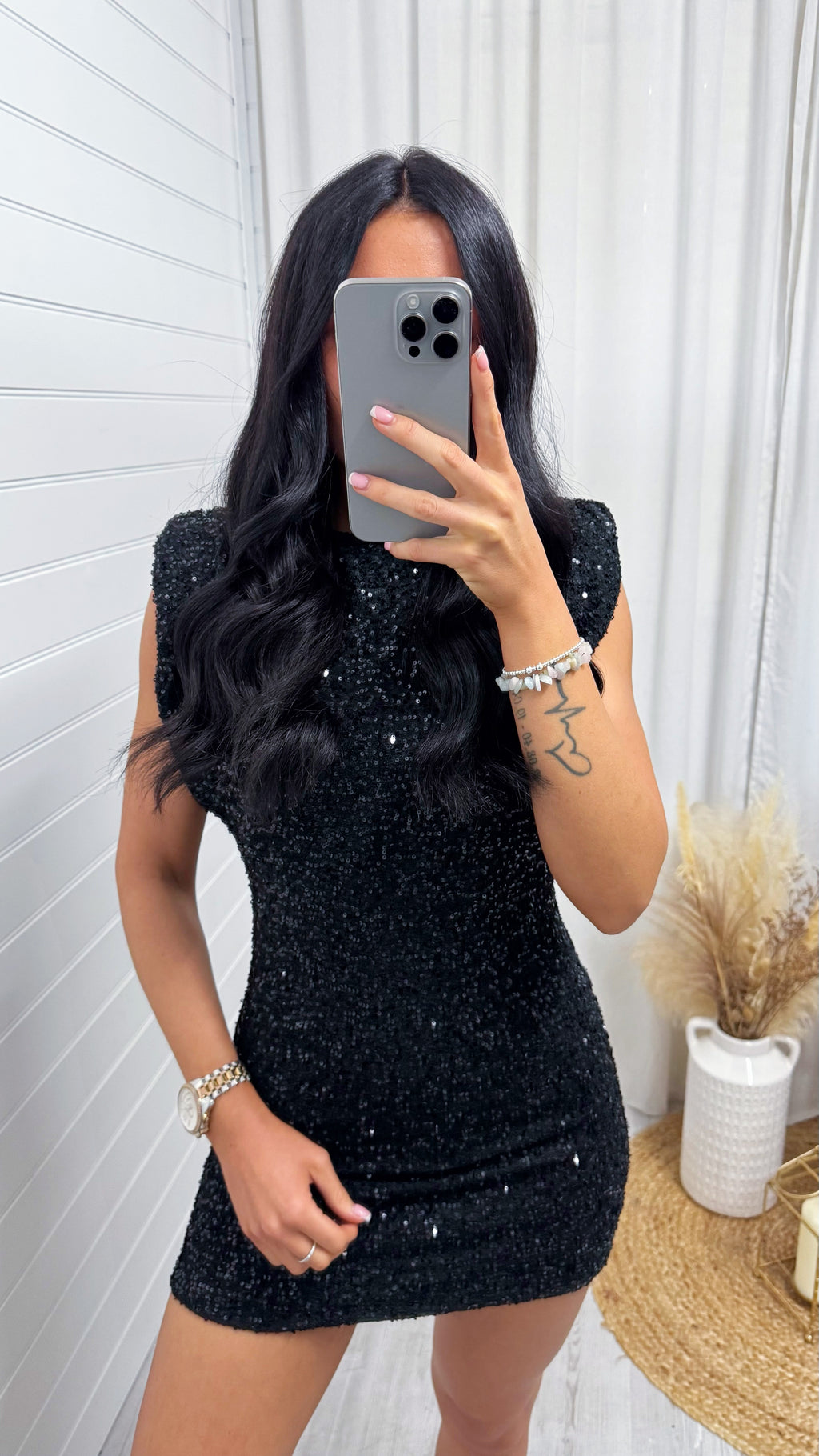 Cap Sleeve Mini Sequin Dress - BLACK