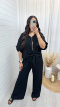 Tie Knot Button Top and Wide Leg Trousers Co-Ord - BLACK