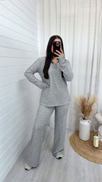 Textured Pinstripe Rugby Sweatshirt and Trousers Co-Ord - BEIGE