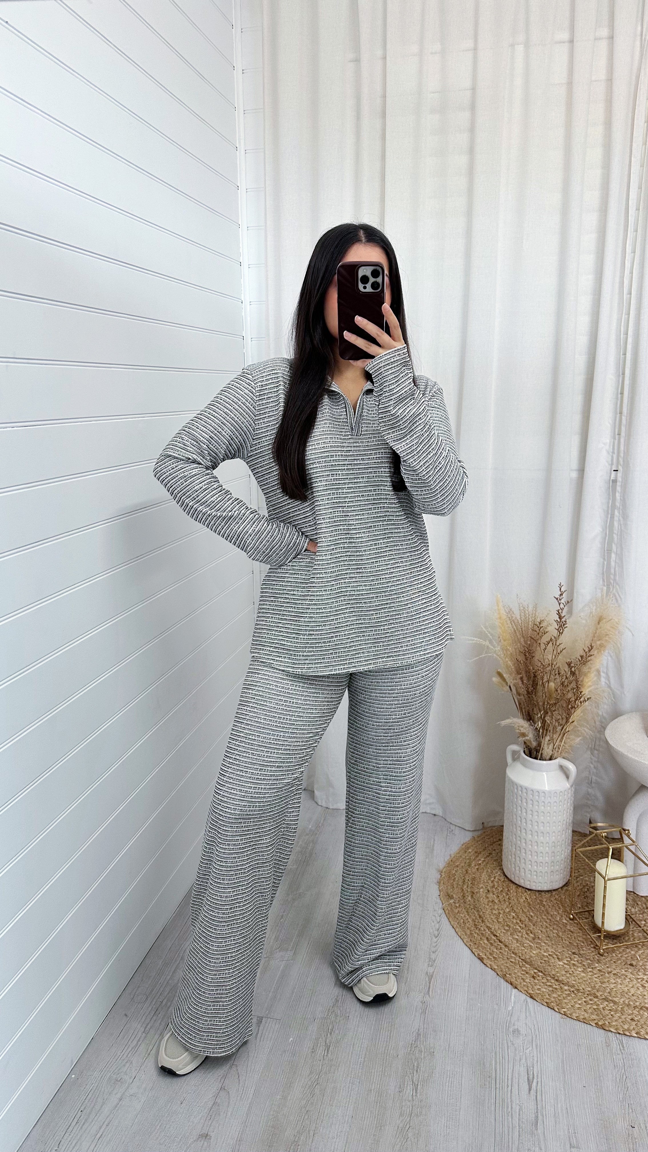 Textured Pinstripe Rugby Sweatshirt and Trousers Co-Ord - BEIGE