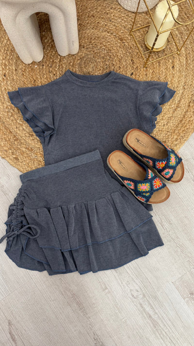 Frill Sleeve Top and Frill Ruched Skirt Co-Ord - DENIM BLUE