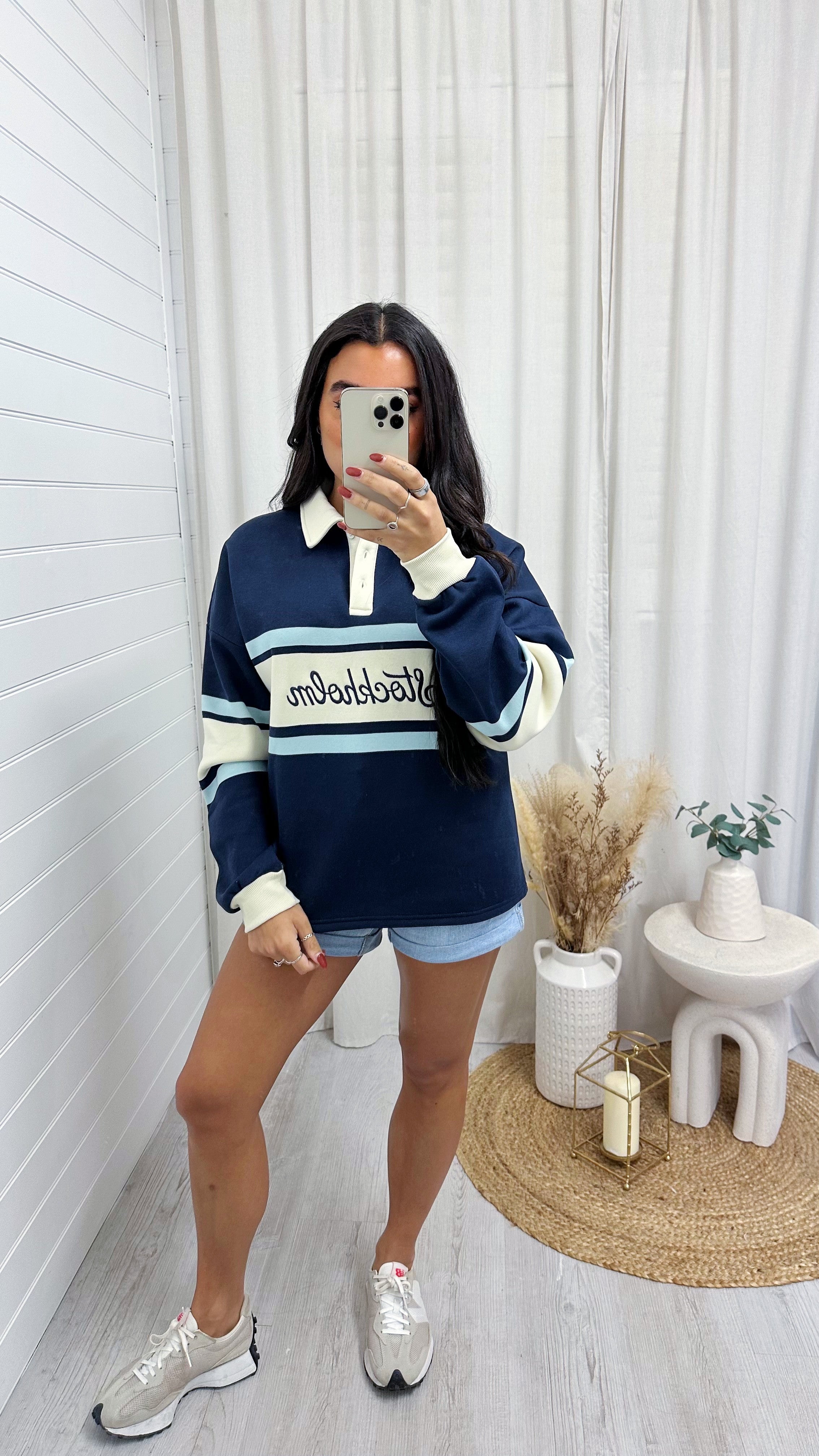 Stockholm Fleece Rugby Sweatshirt - NAVY/CREAM