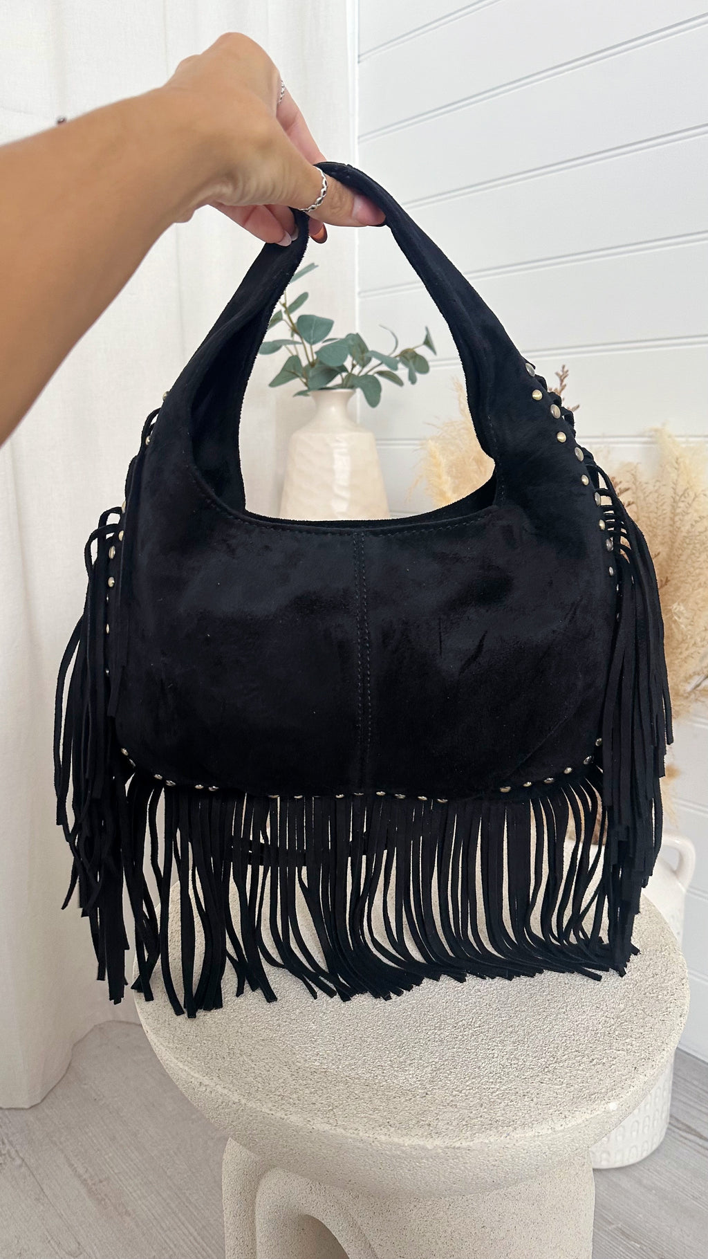Suede Fringe Bag - BLACK