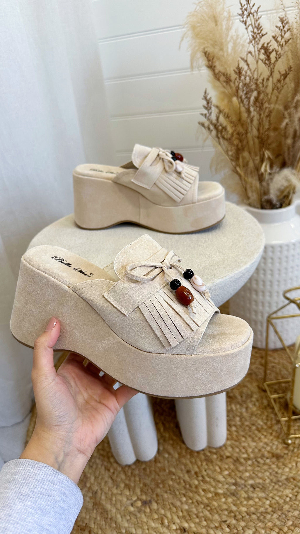Chunky Platform Tassel Wedges - BEIGE
