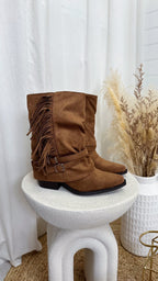 Tassel Trim Suede Cowboy Boots - TAN