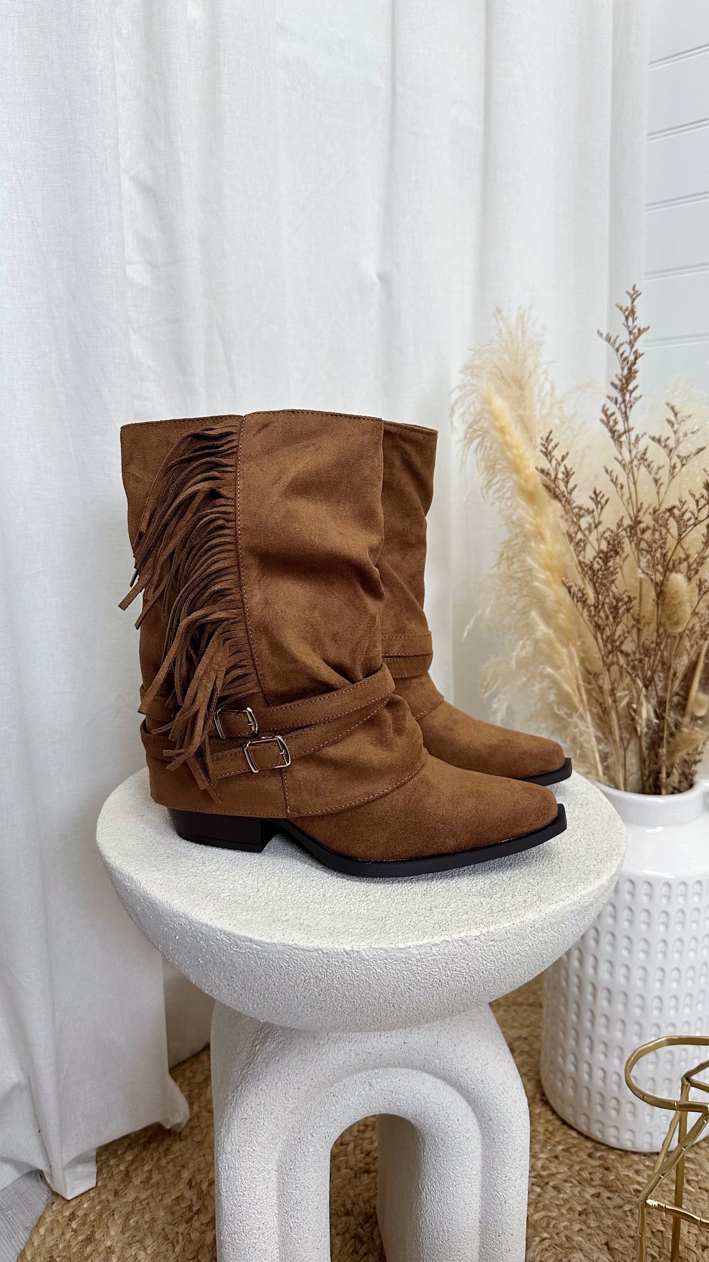 Tassel Trim Suede Cowboy Boots - TAN