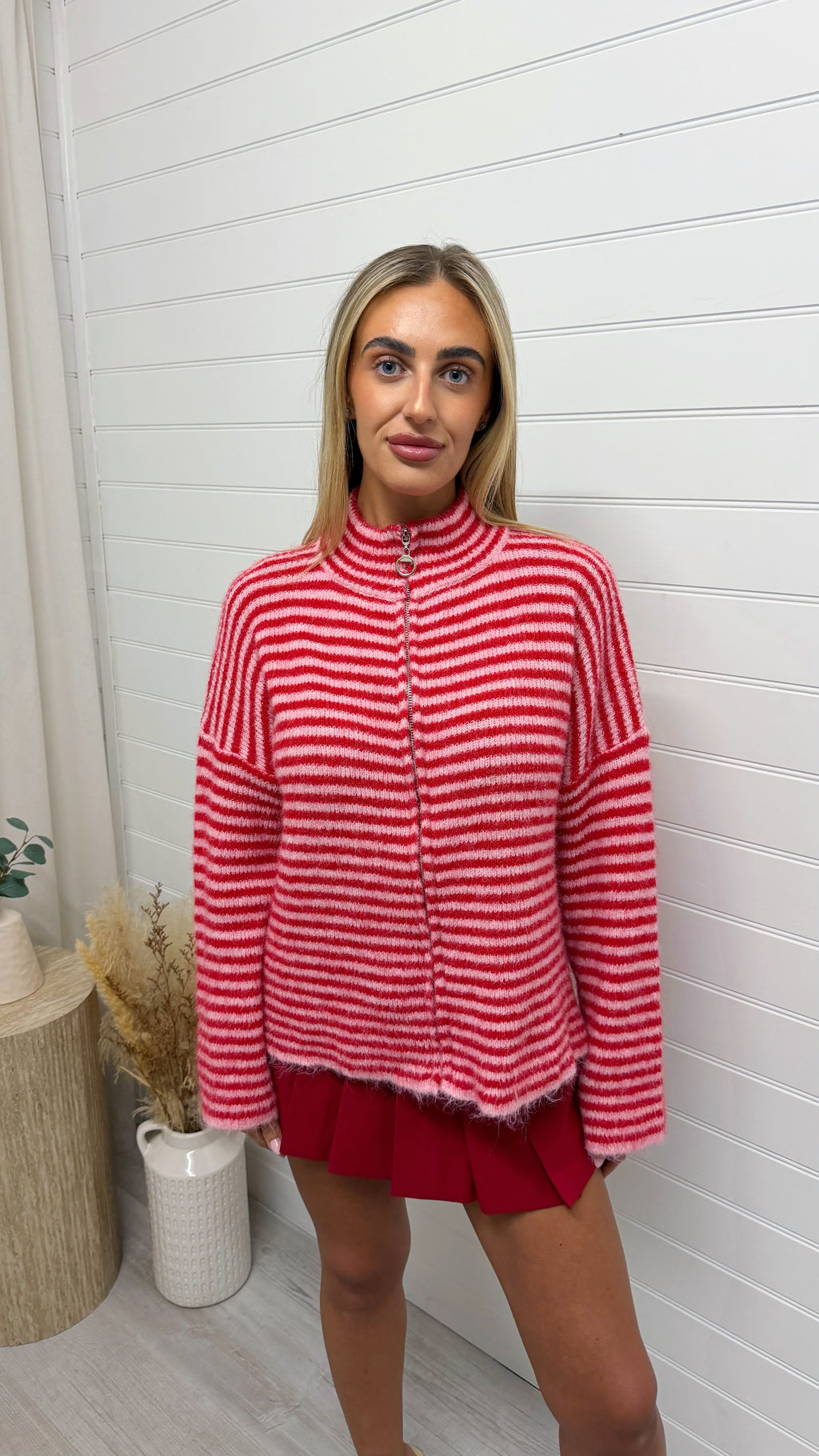 Stripe Zip Woollen Jacket  - RED/PINK