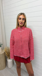 Stripe Zip Woollen Jacket  - RED/PINK