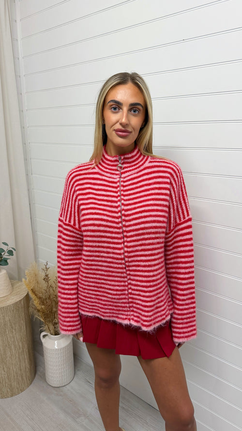 *PRE-ORDER* Stripe Zip Woollen Jacket  - RED/PINK
