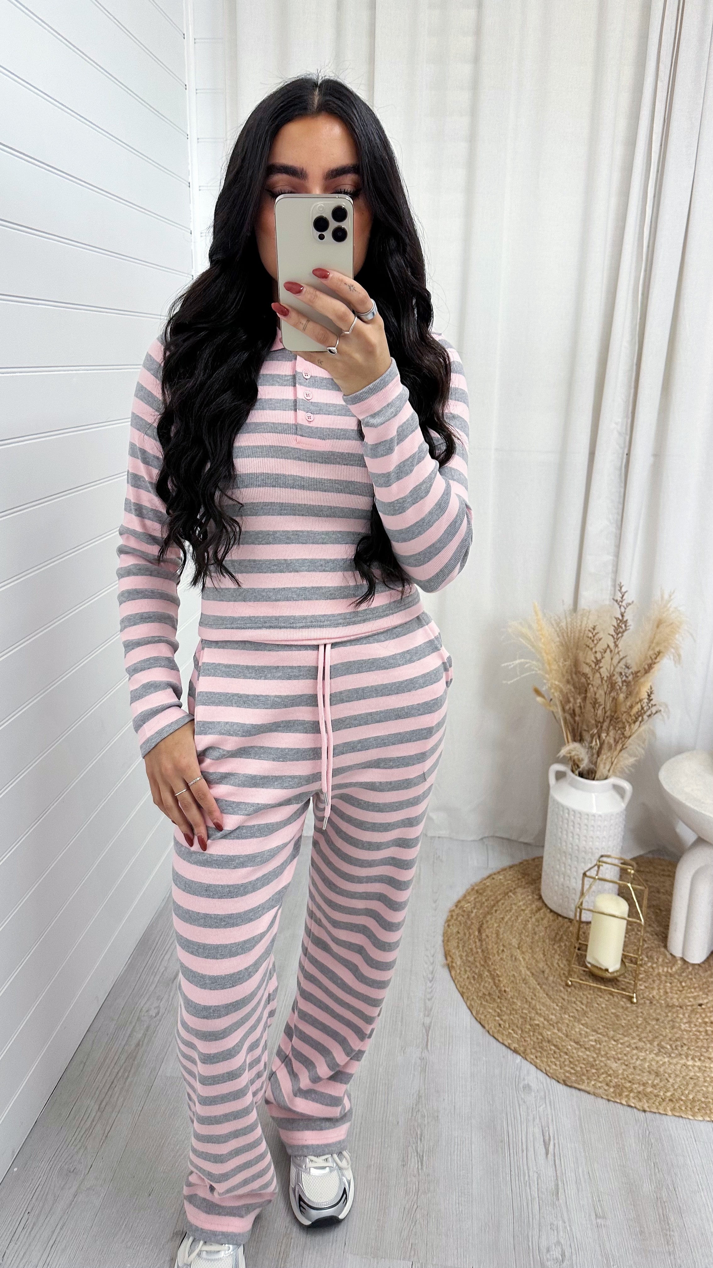 Striped Top and Trousers Rib Co-Ord - PINK/GREY