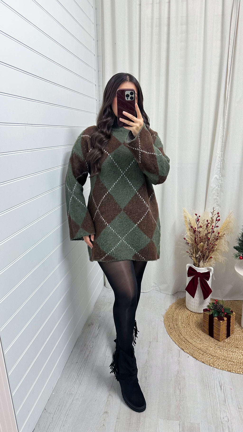 Argyle Woollen Jumper Dress - KHAKI/BROWN