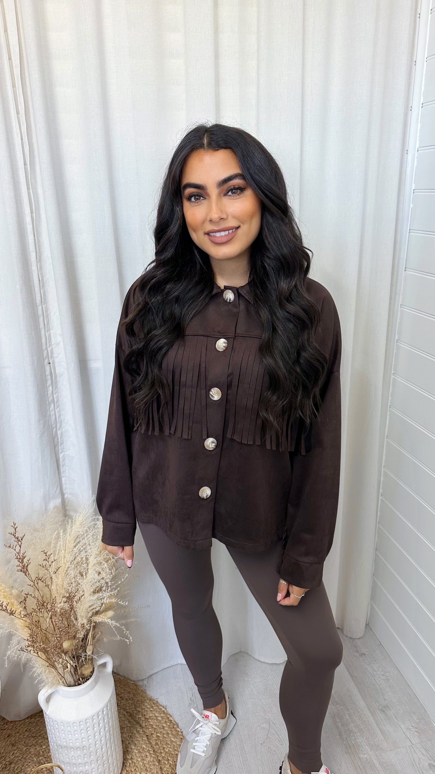 Suede Tassel Trim Jacket - BROWN