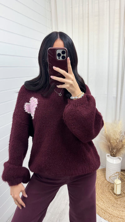 Pearl Love Heart Mohair Jumper - WINE