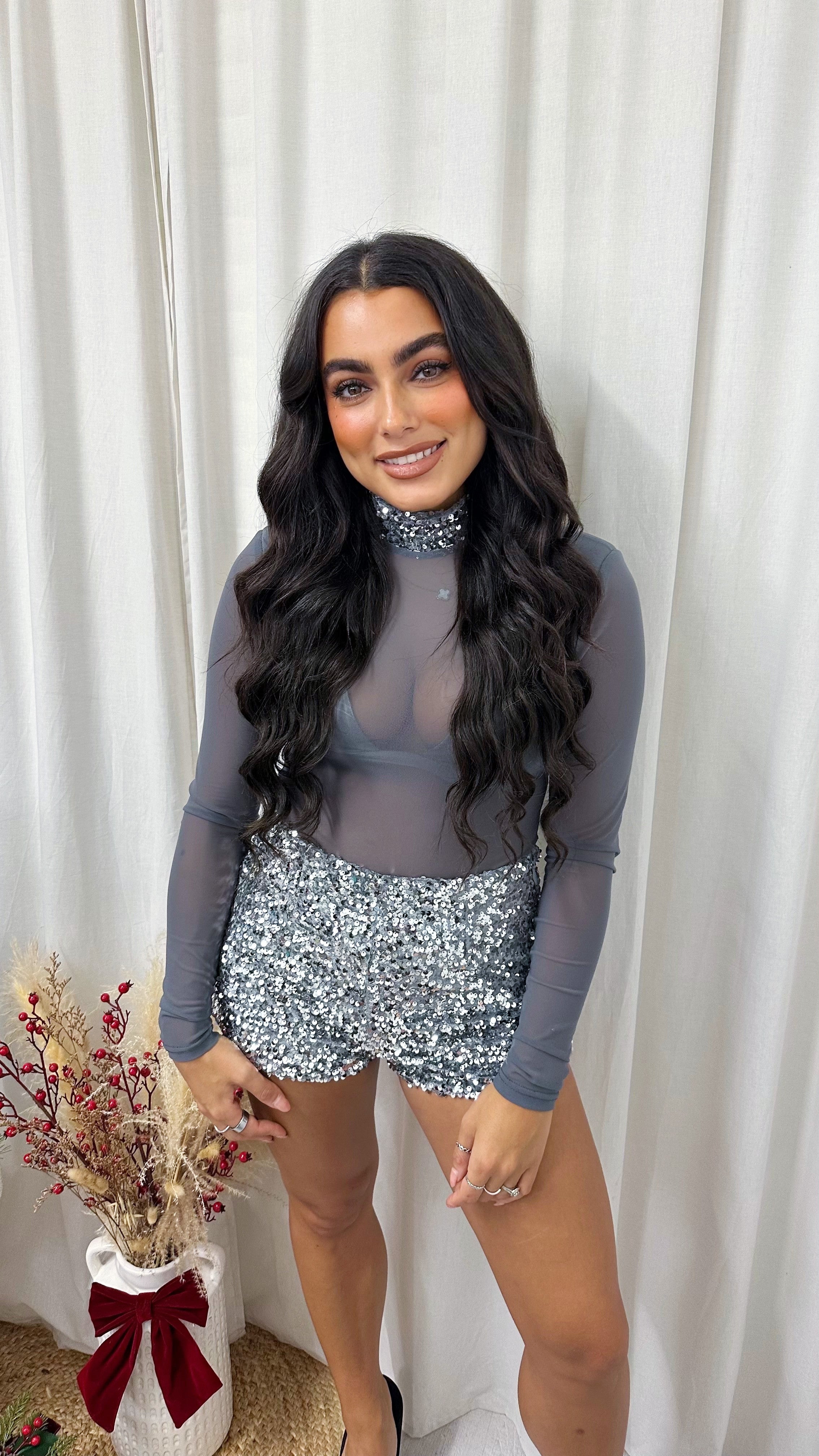 3 Piece Sequin Mesh Bodysuit, Bralette and Shorts Co-Ord - SILVER