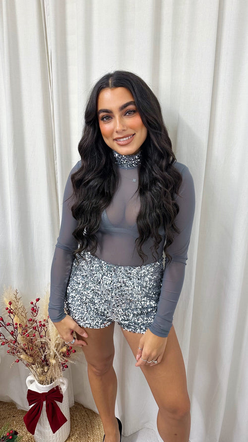 3 Piece Sequin Mesh Bodysuit, Bralette and Shorts Co-Ord - SILVER