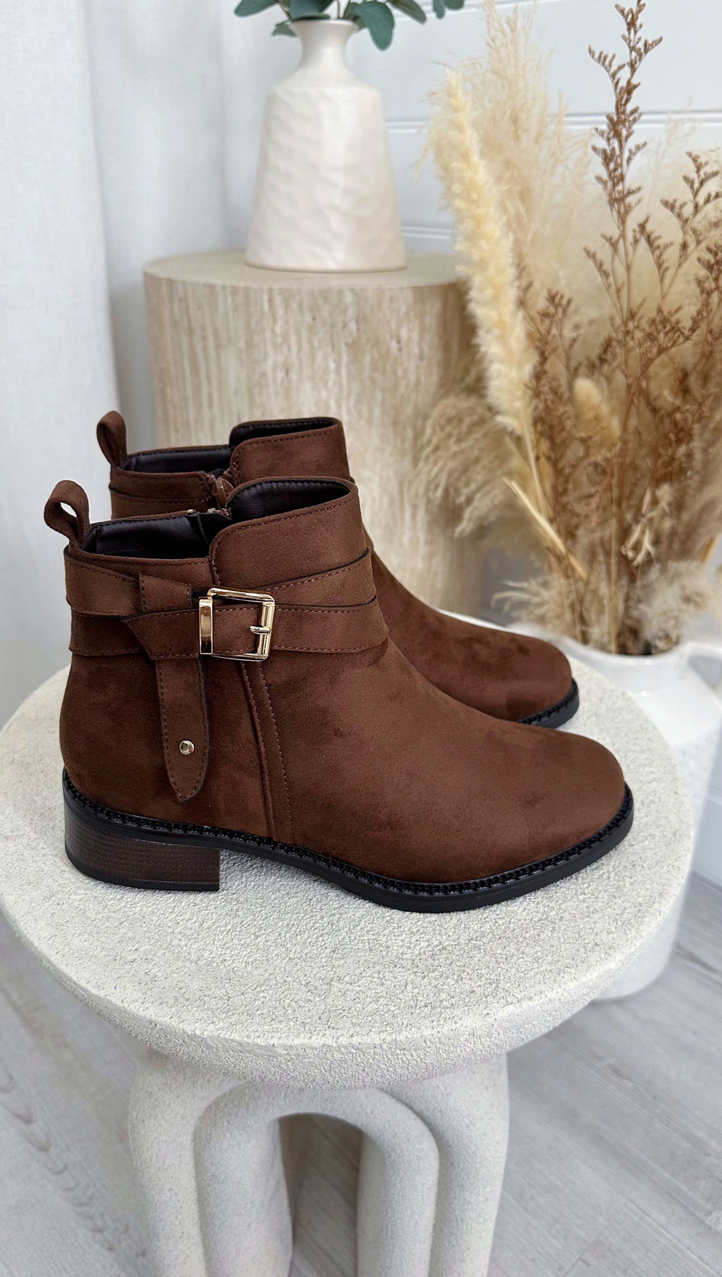 Suede Buckle Ankle Boots - TAN