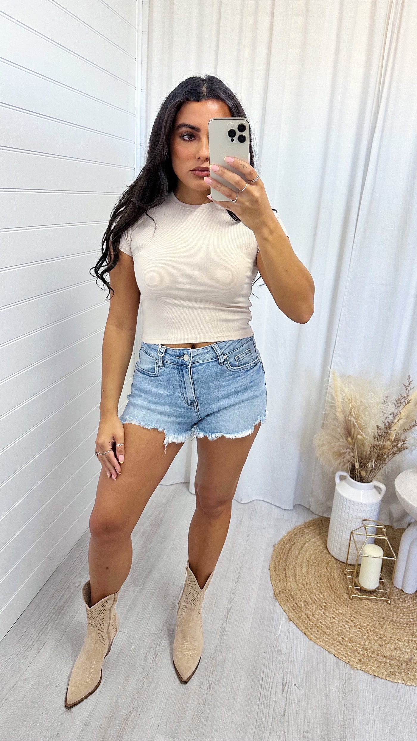 Ribbed Basic Crop Top - BEIGE