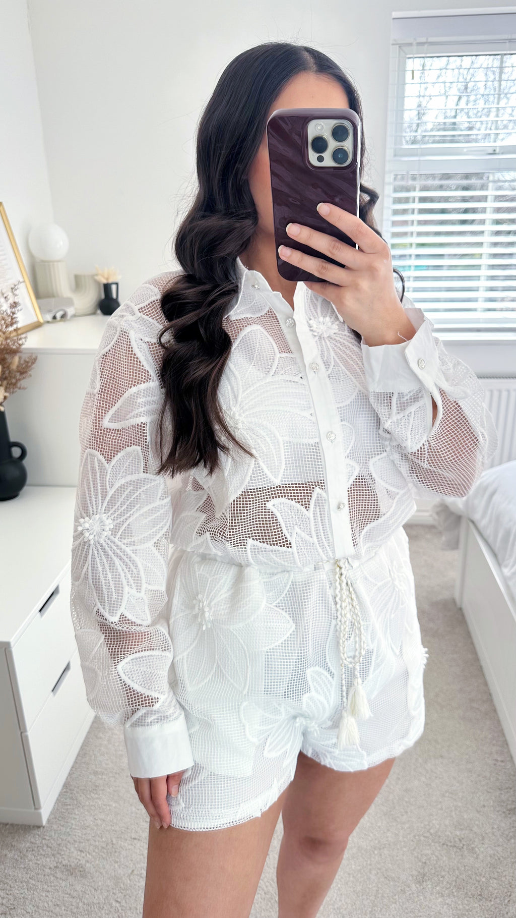 Floral Embroidered Mesh Playsuit - WHITE