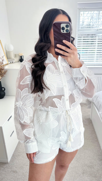 Floral Embroidered Mesh Playsuit - WHITE