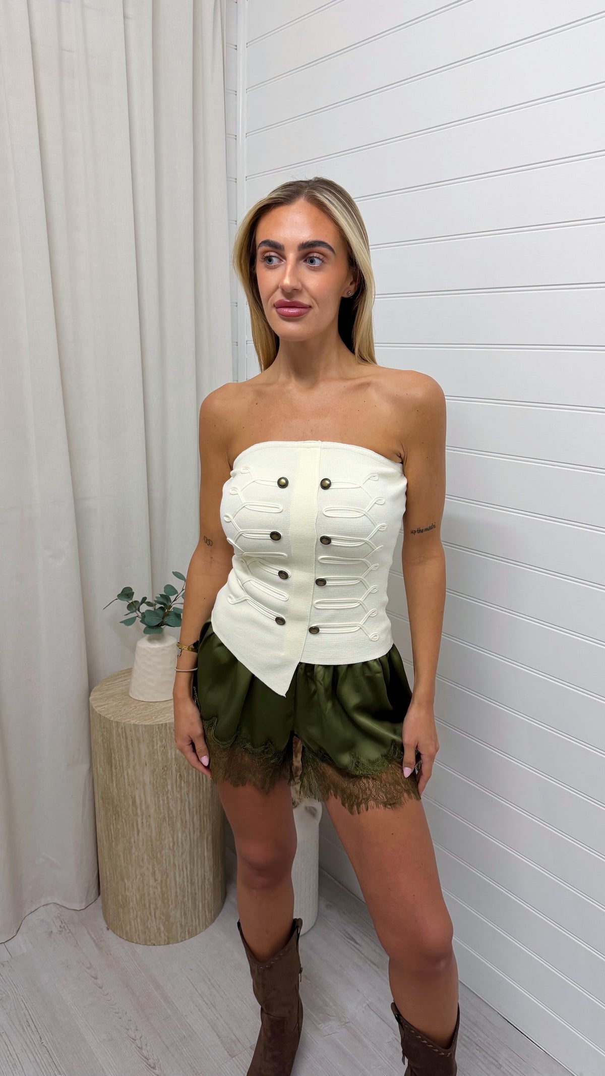 Lace Hem Satin Shorts - KHAKI