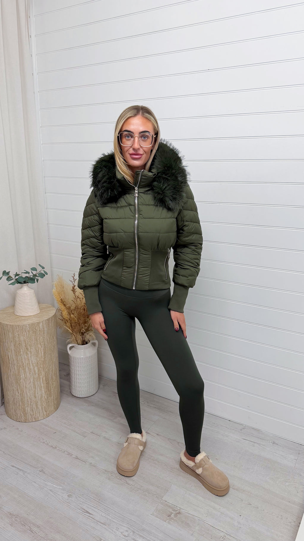 Fur Hooded Cinched Coat - KHAKI