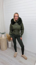 Fur Hooded Cinched Coat - KHAKI