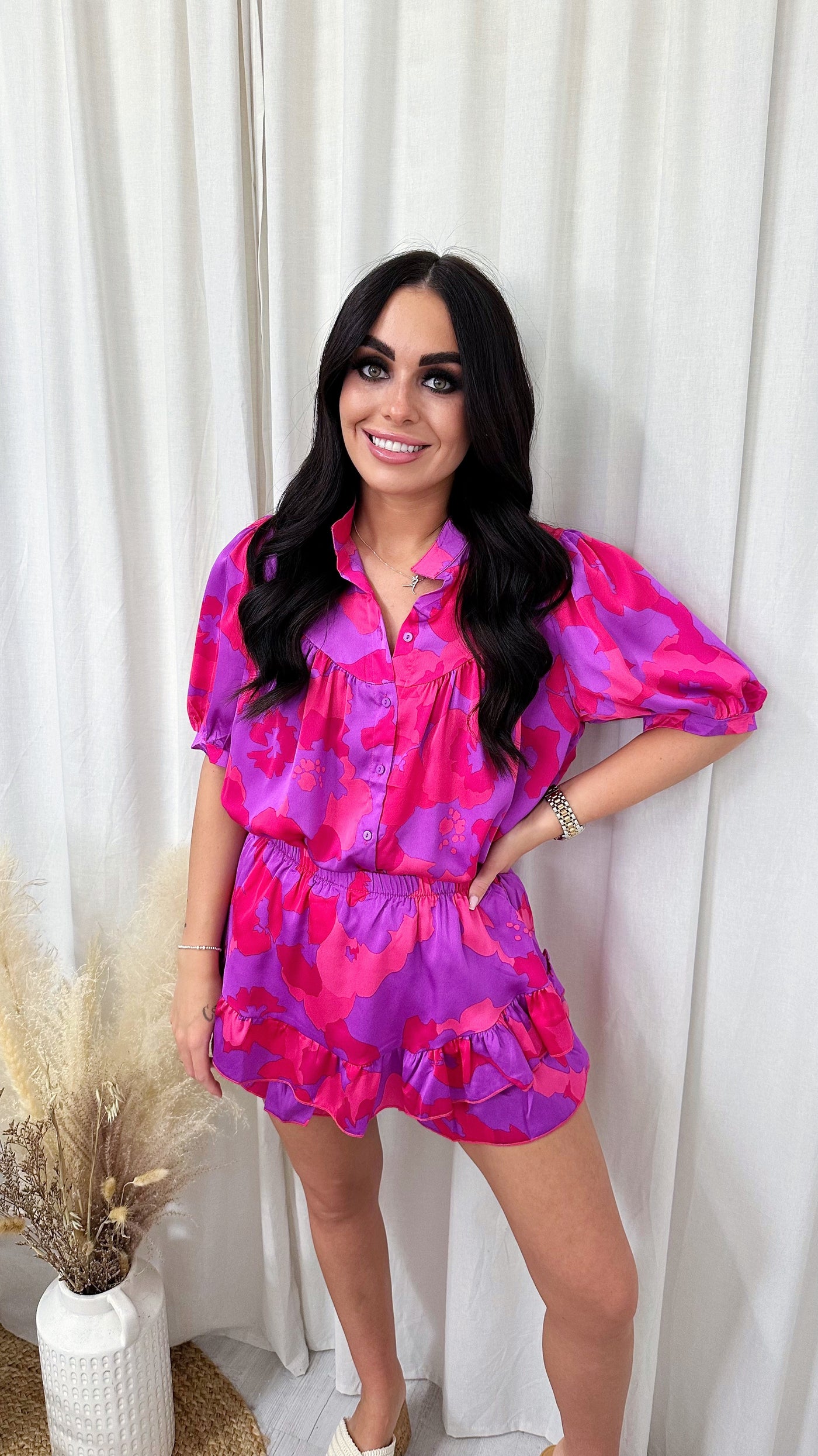 Puff Sleeve Blouse and Frill Hem Shorts Co-Ord - PURPLE/PINK