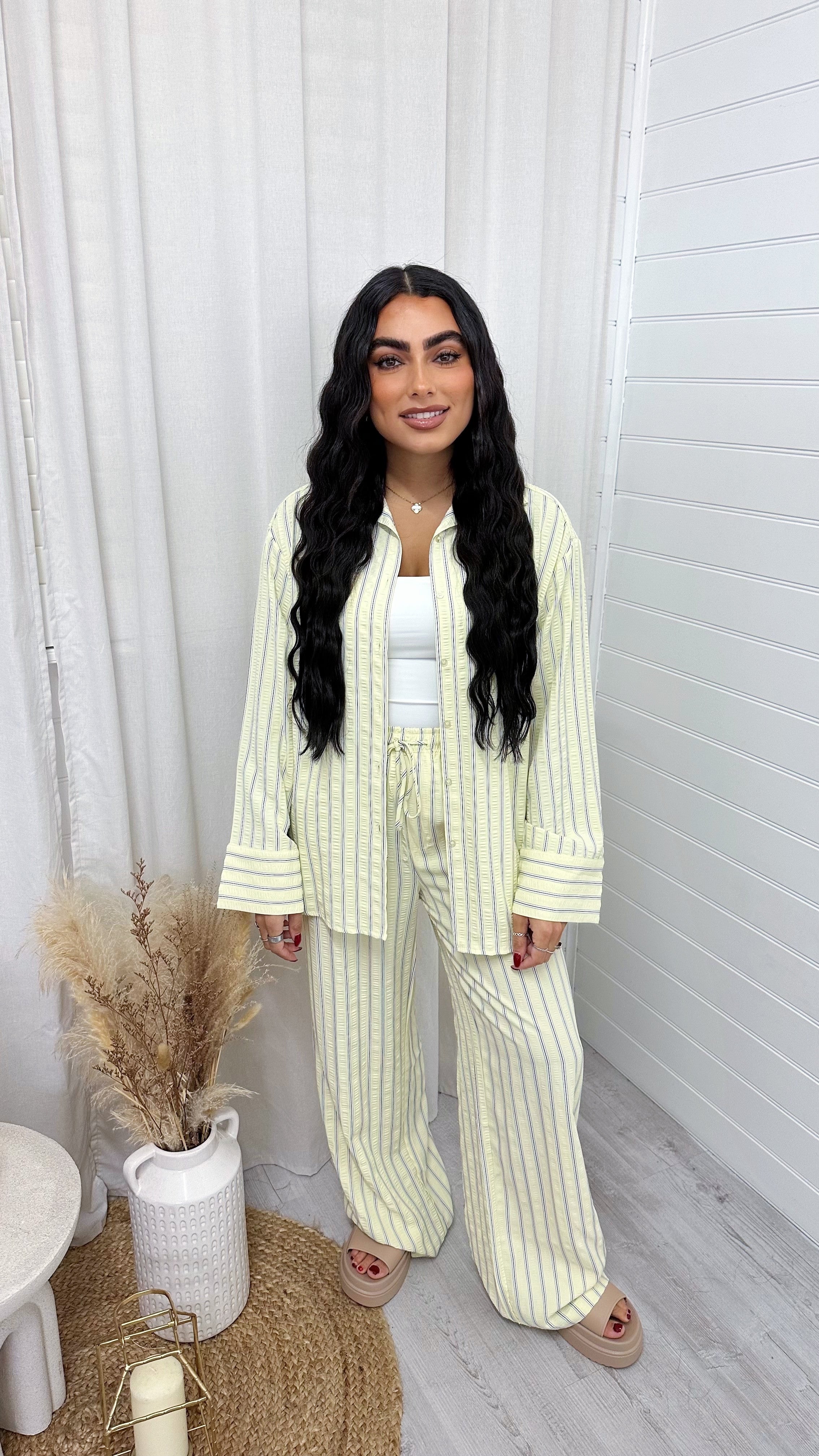 Striped Textured Shirt And Trouser Co-Ord - LEMON
