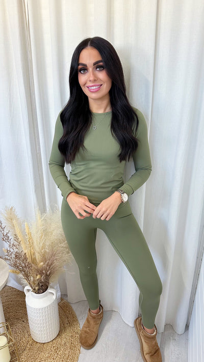 Long Sleeve Top and Leggings Activewear Set - KHAKI