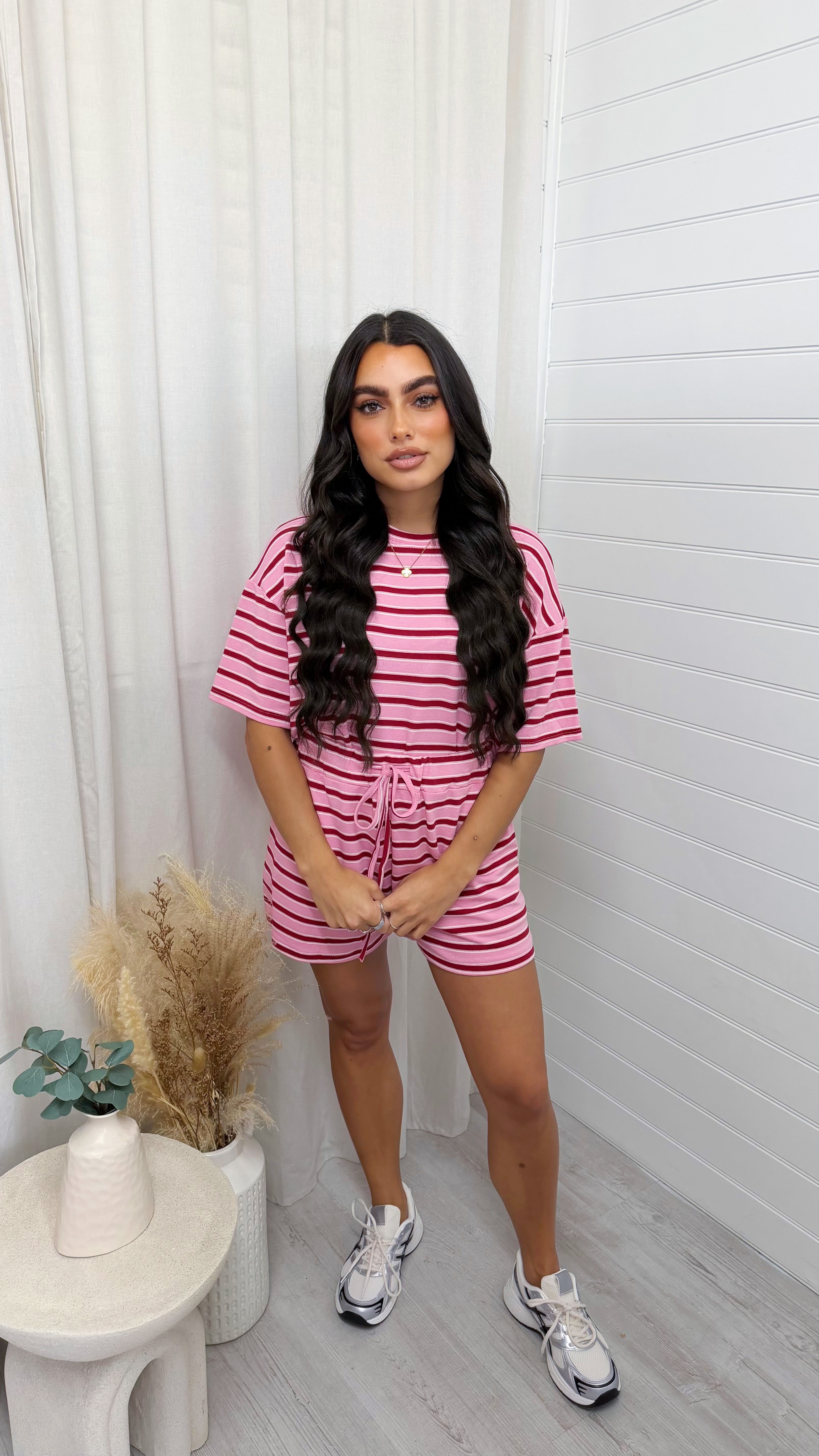 Oversized Stripe T-Shirt and Shorts Co-Ord - PINK