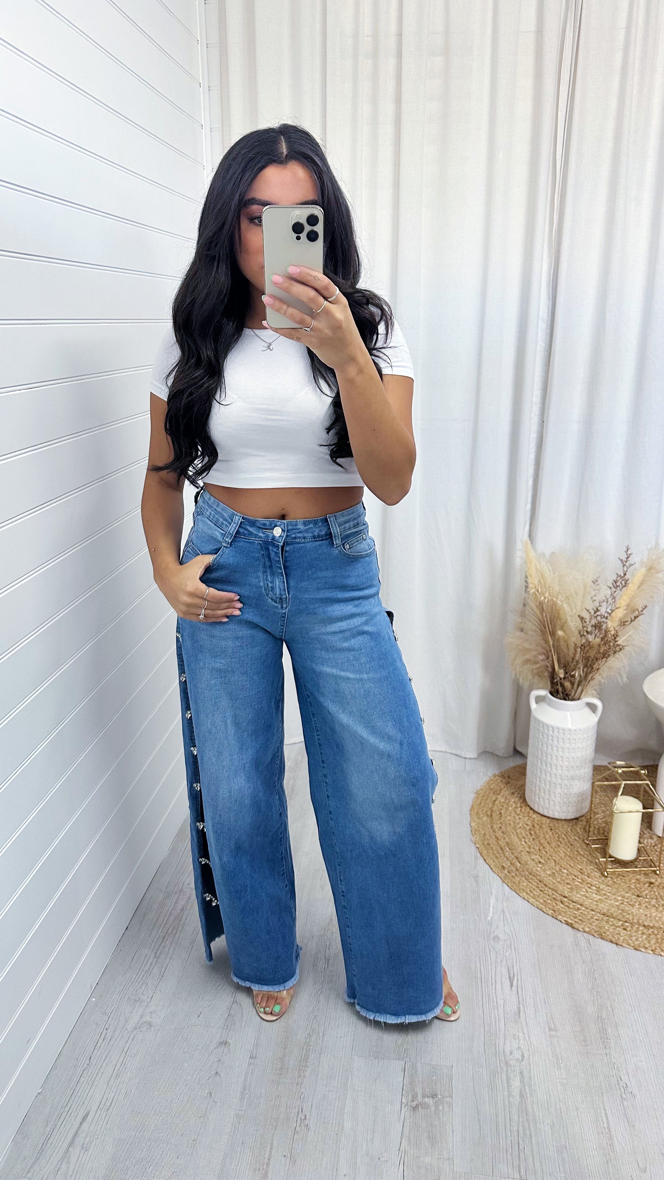 Wide Leg Diamante Droplet Side Split Jean - DARK DENIM