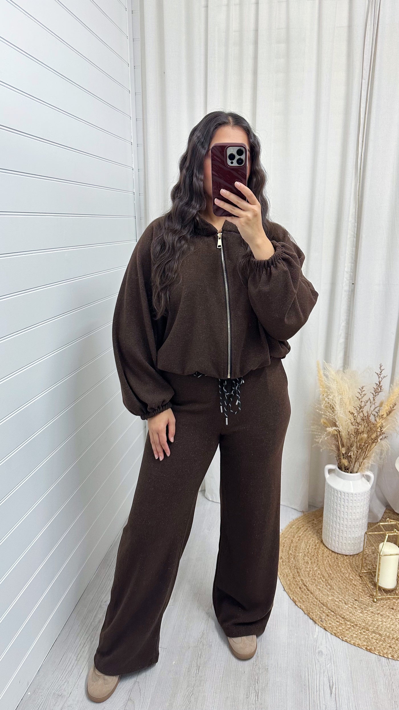 Shimmery Knitted  Bomber Jacket and Joggers Co-Ord - BROWN