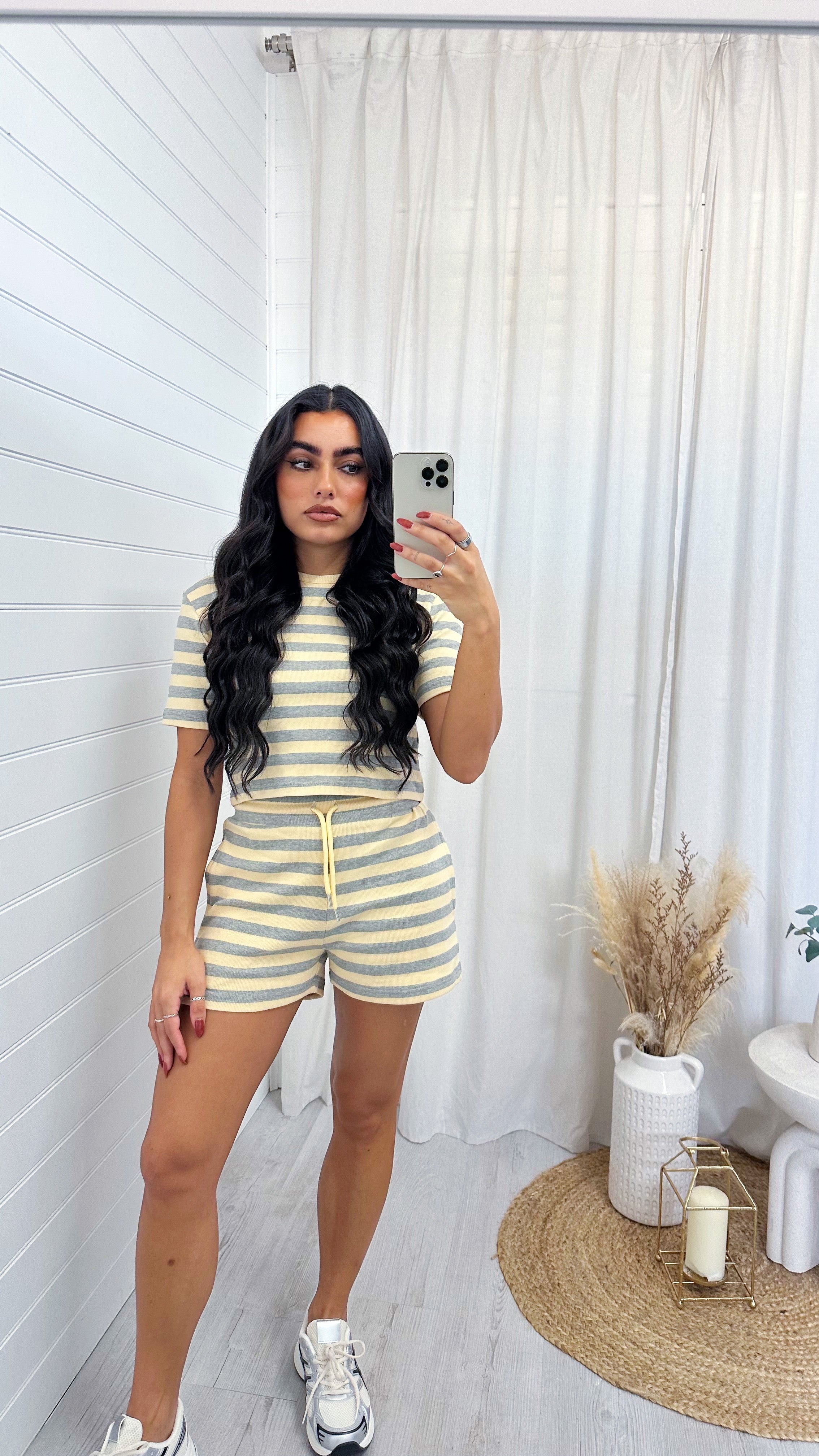 Stripey Rib T-Shirt and Shorts Co-Ord - LEMON