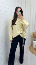 Side Ruched Oversized Stripe Shirt - YELLOW