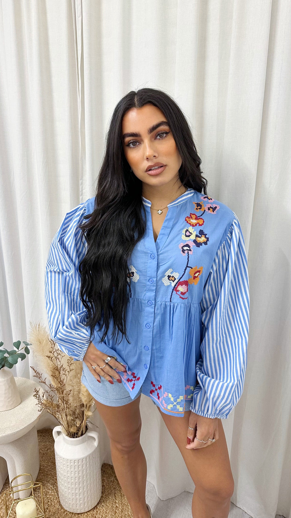 Floral Print Balloon Sleeve Peplum Shirt - BLUE