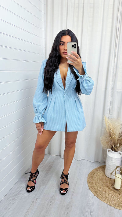 Pinstripe Cinched Waist Blazer - BLUE