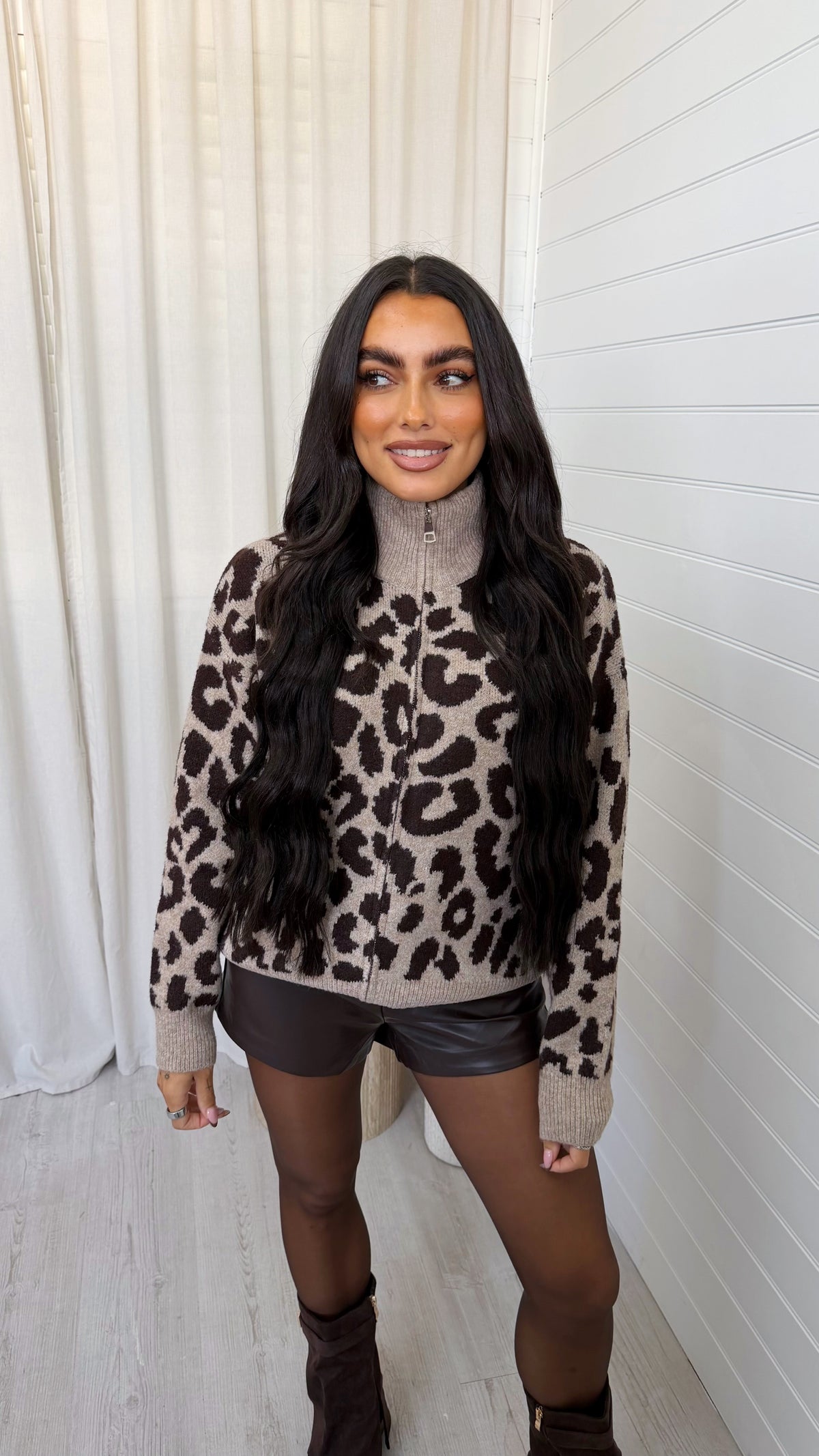 Leopard Print Knitted Jacket - MOCHA/BROWN