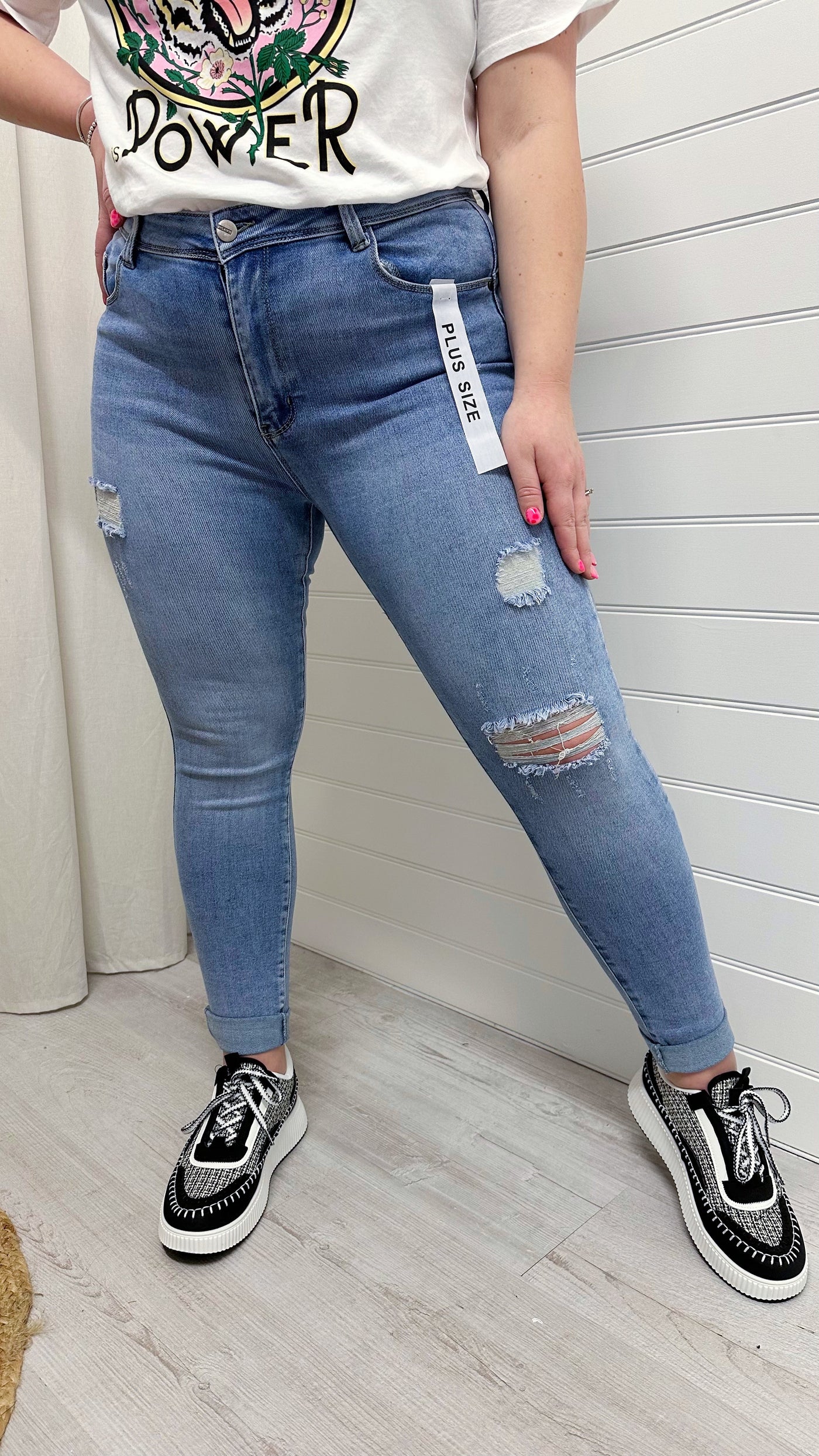 PLUS High Waisted Stretchy Ripped Skinny Jeans - DENIM BLUE