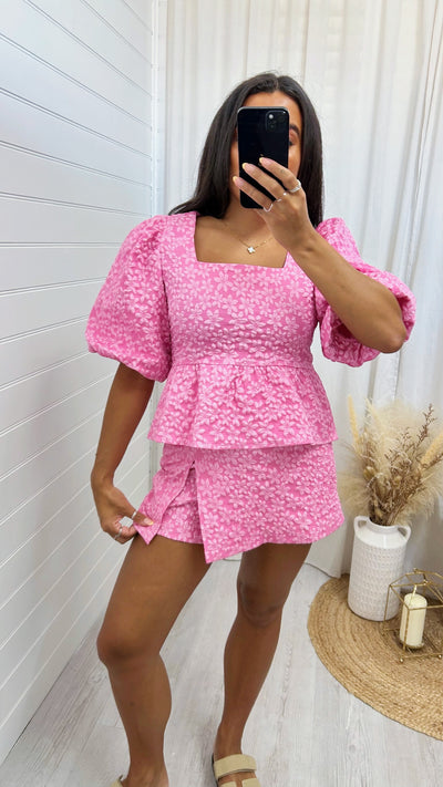 Embossed Flower Print Peplum Top and Skort Co-Ord - PINK