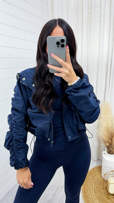 Ruched Sleeve Windbreaker Jacket - NAVY