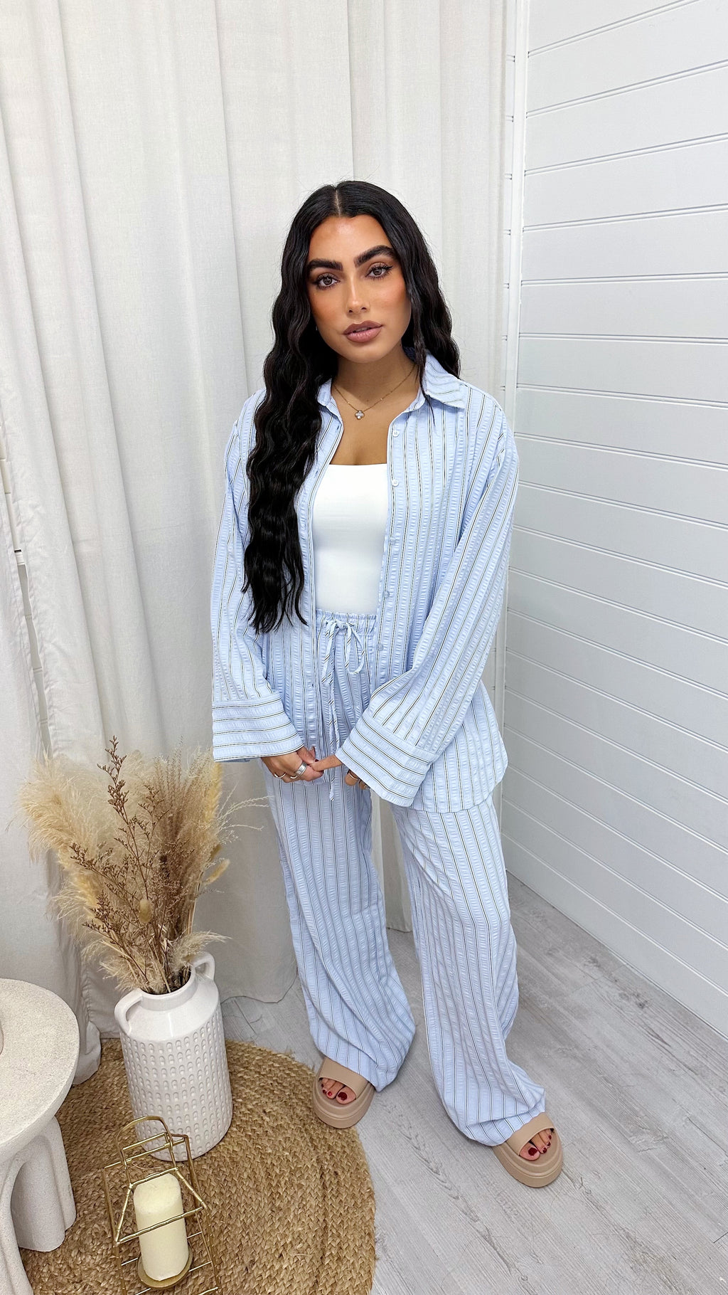 Striped Textured Shirt And Trouser Co-Ord - BABY BLUE
