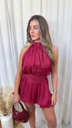 Chiffon High Neck Ruffle Hem Playsuit - WINE